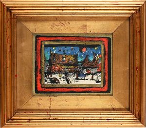 Gennaro Picinni : Paesaggio nordico con cielo stellato e palafitta  - Asta Arte Moderna e Contemporanea - Associazione Nazionale - Case d'Asta italiane