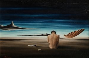 Mario Tamaro - Paesaggio surreale con uomo seduto