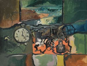 Bruno Mancinotti : Natura morta con sveglia e bottiglie  - Asta Arte Moderna e Contemporanea - Associazione Nazionale - Case d'Asta italiane