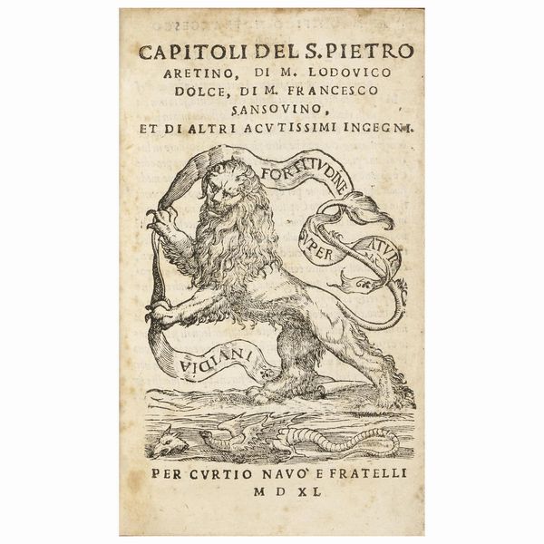 Edizione originale di questa non comune raccolta di sonetti di Aretino, Dolce e Sansovino  - Asta LIBRI, MANOSCRITTI E AUTOGRAFI - Associazione Nazionale - Case d'Asta italiane