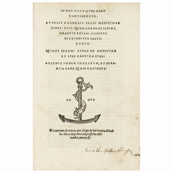 Prima edizione aldina del più antico documento medico occidentale dopo gli scritti ippocratici  - Asta LIBRI, MANOSCRITTI E AUTOGRAFI - Associazione Nazionale - Case d'Asta italiane