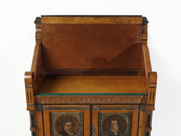 ISSEL ALBERTO (1848 - 1926) : attribuito. Piccolo stipo pensile con fronti decorati con mezzi busti di Mozart, Beethoven, Rossini e Mendelssohn  - Asta Asta 523 | DESIGN E ARTI DECORATIVE DEL NOVECENTO Tradizionale - Associazione Nazionale - Case d'Asta italiane