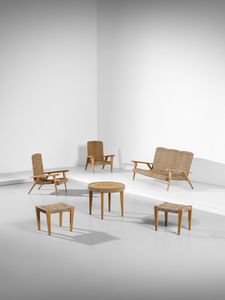 ROMANO AUGUSTO - attribuito. Salotto composto da un divano, due poltrone, un tavolino e due sgabelli