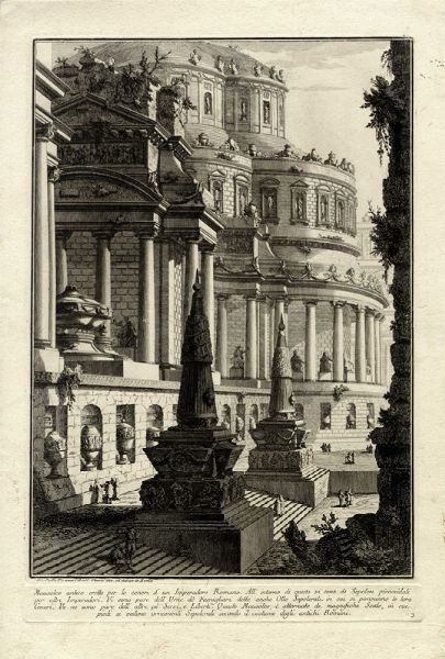 GIOVANNI BATTISTA PIRANESI : Mausoleo antico eretto per le ceneri d'un Imperatore Romano. All'intorno di questo vi sono d Sepolcri piramidali per altri Imperatori.  - Asta Arte Antica, Moderna e Contemporanea [parte I] - Associazione Nazionale - Case d'Asta italiane