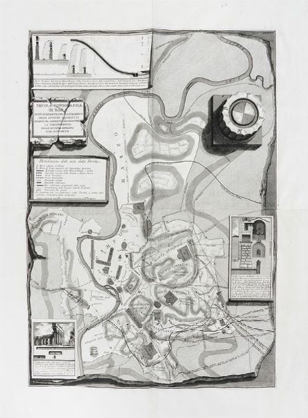 GIOVANNI BATTISTA PIRANESI : Tavola topografica di Roma in cui si dimostrano gli andamenti degli antichi aquedotti riferiti nel commentario frontiniano / la circonferenza delle antiche regioni e leantiche vie.  - Asta Arte Antica, Moderna e Contemporanea [parte I] - Associazione Nazionale - Case d'Asta italiane