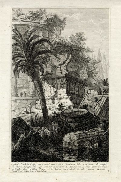 GIOVANNI BATTISTA PIRANESI : Vestiggi d'antichi Edificj fra i quali evvi l'Urna Sepolcrale tutta d'un pezzo di porfido di Marco Agrippa che oggi serve per il Sepolcro di Clemente XII.  - Asta Arte Antica, Moderna e Contemporanea [parte I] - Associazione Nazionale - Case d'Asta italiane
