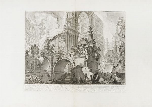GIOVANNI BATTISTA PIRANESI : Parte di ampio magnifico Porto all'uso degli antichi Romani, ove si scuopre l'interno della gran Piazza pel Comercio superbam.te decorata di colonne rostrali, che dinotano le pi segnalate vittorie marittime.  - Asta Arte Antica, Moderna e Contemporanea [parte I] - Associazione Nazionale - Case d'Asta italiane
