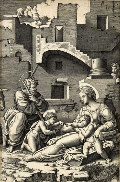 MARCANTONIO RAIMONDI : Sacra Famiglia con san Giovannino (La Vergine dalla coscia lunga).  - Asta Arte Antica, Moderna e Contemporanea [parte I] - Associazione Nazionale - Case d'Asta italiane