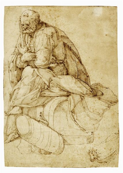 BACCIO BANDINELLI : Studio per figura senile poggiata a un bastone con le braccia conserte.  - Asta Arte Antica, Moderna e Contemporanea [parte I] - Associazione Nazionale - Case d'Asta italiane