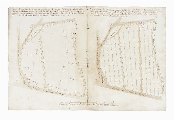 Pianta del Podere del piano, nel popolo di S: Michel' Bissdomini[...]del Ill:mo Sig:re Mar:se Scipione M:a Capponi, Copiato  punto [...] avanti le nuove Coltivazione/Altra Pianta dle Medemo Podere che dimostra la nuova coltivazione fatta fare Lanno 1727  - Asta Arte Antica, Moderna e Contemporanea [parte I] - Associazione Nazionale - Case d'Asta italiane