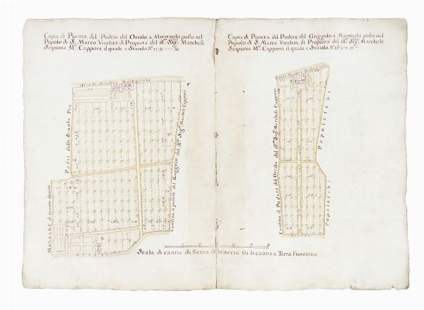 Copia di Pianta del Podere del Oriolo, a Montughi posto nel Popolo di S:Marco Vecchio, di Propriet del Ill:mo Sig:re Marchese Scipione M:ia Capponi / Copia di Pianta del Podere del Guggolo a Montughi Posto nel Popolo di S: Marco Vecchio...  - Asta Arte Antica, Moderna e Contemporanea [parte I] - Associazione Nazionale - Case d'Asta italiane