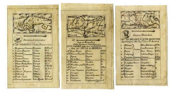 AGOSTINO DA RABATTA : Du. di Milano, e D. di Mantova Appartengono alla Aug:ma casa d'Austria / Governo Monarchico Gallia Togata, et Cispadana, ora D.di Parma  della Casa di Borbone e Stati del Duca di Modena / Governo Aristocratico R.a di Venezia o Gallia Transpadana.  - Asta Arte Antica, Moderna e Contemporanea [parte I] - Associazione Nazionale - Case d'Asta italiane