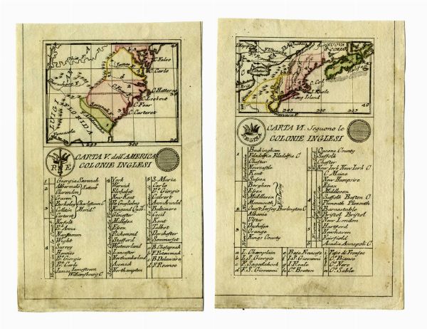 AGOSTINO DA RABATTA : Carta V. dell'America. Colonie inglesi / Carta VI. Seguono le colonie inglesi.  - Asta Arte Antica, Moderna e Contemporanea [parte I] - Associazione Nazionale - Case d'Asta italiane