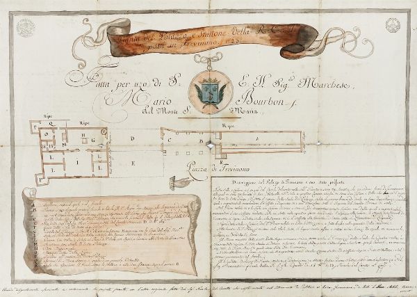 NICOLA DEL CARRETTO : Pianta del Palazzo, e Stallone della R: C: A: posti in Trevinano Fatta per uzo di S: E: Il. Sig.or Marchese, Mario Bourbon. s. del Monte S: Maria.  - Asta Arte Antica, Moderna e Contemporanea [parte I] - Associazione Nazionale - Case d'Asta italiane