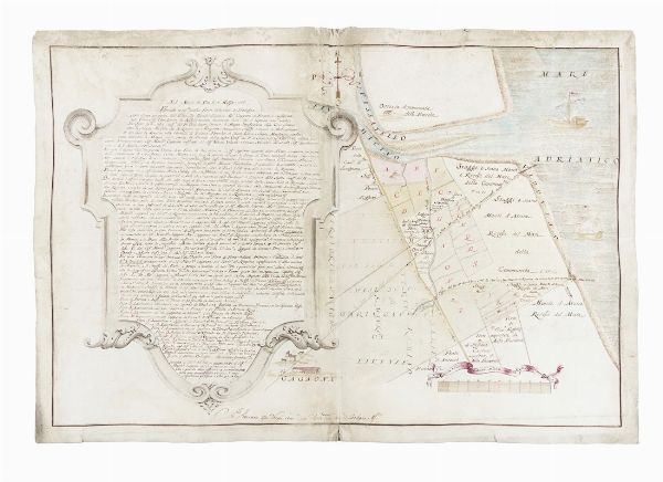 DOMENICO MARIA VIAGGI : Mappa Topografica delle Terre esistenti sotto la Strada Maestra che da Rimino va a Ravenna, denominate Staggi o recessi di Mare situate in loco detto la Grancia nella contrada di Bellaria...  - Asta Arte Antica, Moderna e Contemporanea [parte I] - Associazione Nazionale - Case d'Asta italiane