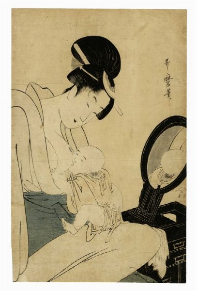 KITAGAWA UTAMARO : Madre che allatta il bimbo davanti allo specchio.  - Asta Arte Antica, Moderna e Contemporanea [parte I] - Associazione Nazionale - Case d'Asta italiane