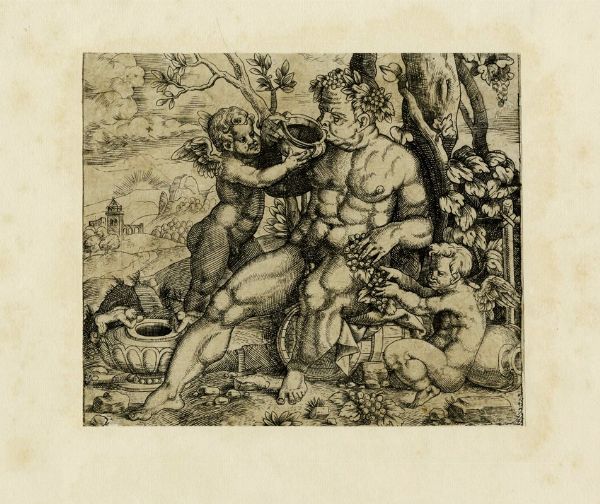 GIULIO BONASONE : Sileno, seduto, beve da un vaso offertogli da un putto.  - Asta Arte Antica, Moderna e Contemporanea [parte I] - Associazione Nazionale - Case d'Asta italiane