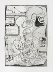 GIOVANNI BATTISTA PIRANESI - Tavola topografica di Roma in cui si dimostrano gli andamenti degli antichi aquedotti riferiti nel commentario frontiniano / la circonferenza delle antiche regioni e leantiche vie.