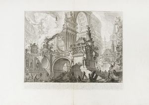 GIOVANNI BATTISTA PIRANESI - Parte di ampio magnifico Porto all'uso degli antichi Romani, ove si scuopre l'interno della gran Piazza pel Comercio superbam.te decorata di colonne rostrali, che dinotano le pi segnalate vittorie marittime.