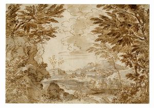 AGOSTINO CARRACCI - Paesaggio con due figure e scorcio con barche sullo sfondo.