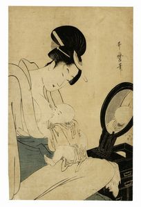 KITAGAWA UTAMARO - Madre che allatta il bimbo davanti allo specchio.