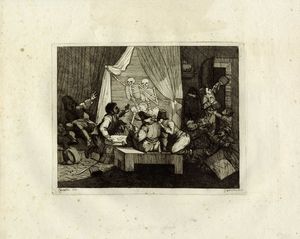 JACQUES GAMELIN - Due tavole con scheletri che irrompono in scene conviviali.