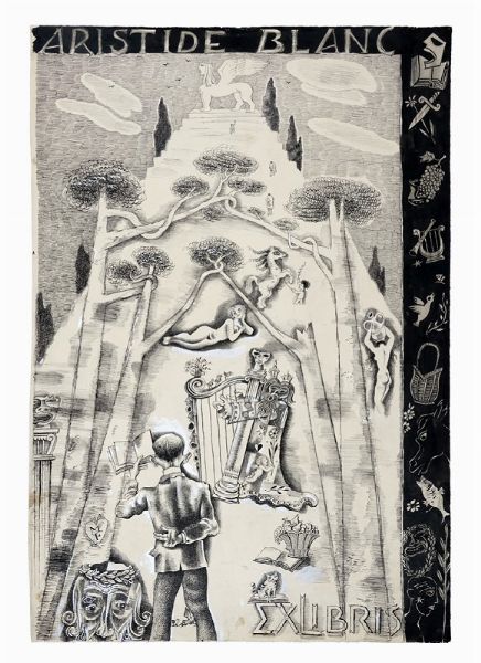 MICHEL FINGESTEN : Disegno preparatorio per l'ex libris Aristide Blanc.  - Asta Arte Antica, Moderna e Contemporanea [parte II] - Associazione Nazionale - Case d'Asta italiane