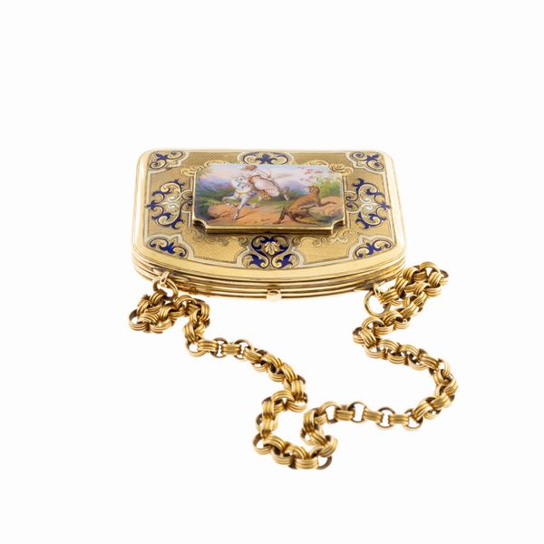 Bourse chatelaine in oro giallo 18kt e smalto policromo  - Asta Gioielli e Orologi - Associazione Nazionale - Case d'Asta italiane