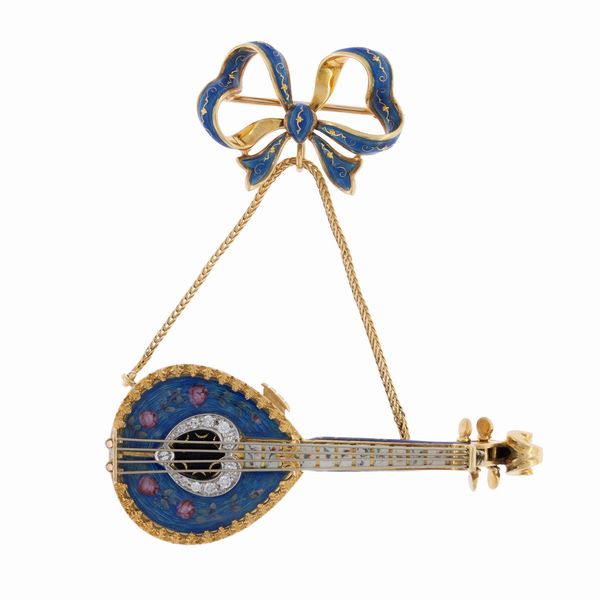 Spilla fiocco con orologio pendente a foggia di mandolino  - Asta Gioielli e Orologi - Associazione Nazionale - Case d'Asta italiane