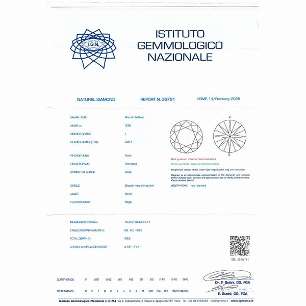 Diamante naturale sciolto taglio brillante ct 3,56  - Asta Gioielli e Orologi - Associazione Nazionale - Case d'Asta italiane