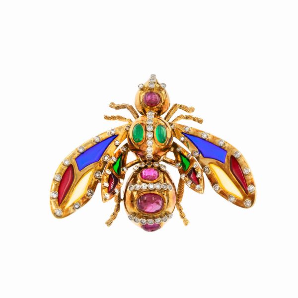 Spilla animalier in oro giallo 18kt e smalto policromo pliqu a jour  - Asta Gioielli e Orologi - Associazione Nazionale - Case d'Asta italiane