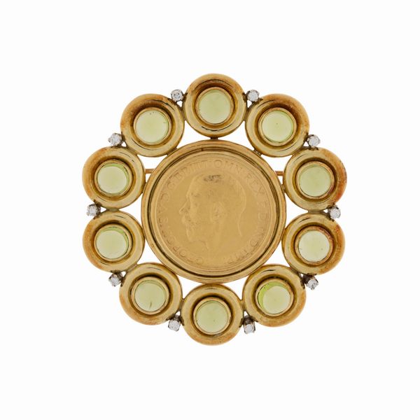 Spilla con sterlina in oro giallo 18kt peridoti e diamanti  - Asta Gioielli e Orologi - Associazione Nazionale - Case d'Asta italiane
