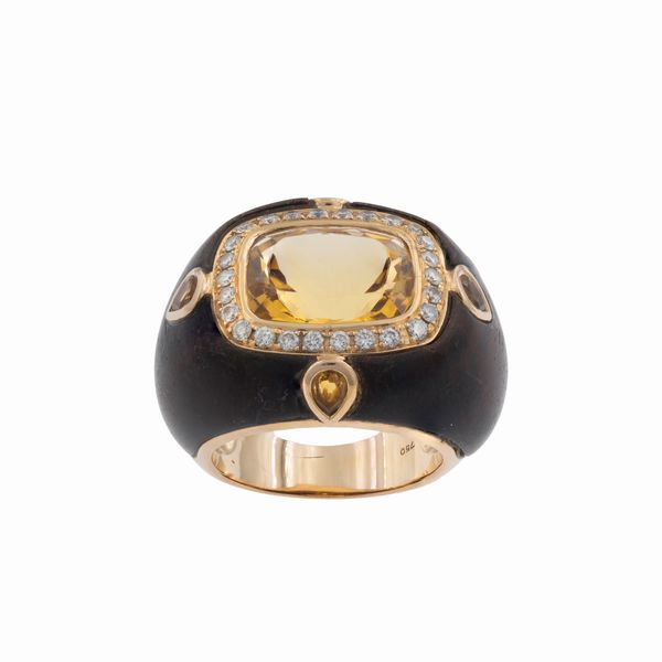 Anello in oro giallo 18kt legno quarzo citrino e diamanti  - Asta Gioielli e Orologi - Associazione Nazionale - Case d'Asta italiane
