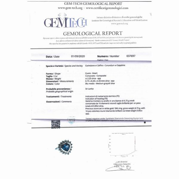 Anello in oro bianco 18kt e zaffiro naturale taglio a cuore  - Asta Gioielli e Orologi - Associazione Nazionale - Case d'Asta italiane