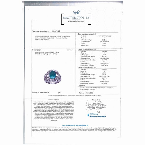 Anello in oro bianco 18kt e smeraldo Colombiano naturale  - Asta Gioielli e Orologi - Associazione Nazionale - Case d'Asta italiane