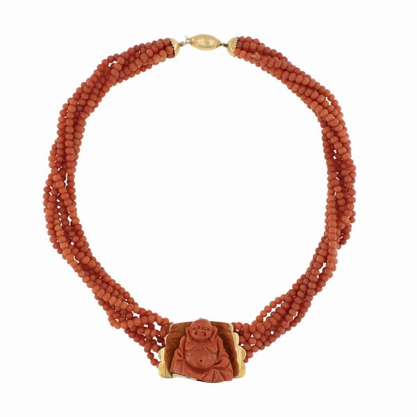 Collana a torchon in corallo e oro giallo 18kt con Budda  - Asta Gioielli e Orologi - Associazione Nazionale - Case d'Asta italiane