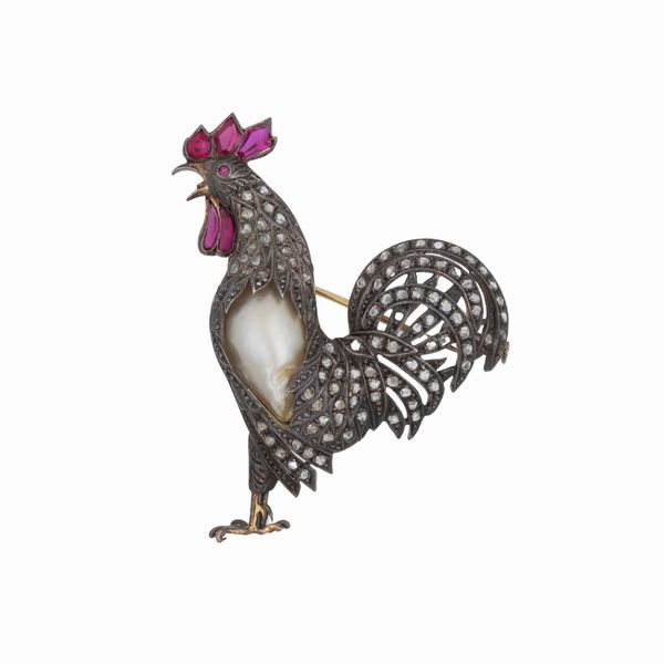 Antica spilla gallo in oro e argento  - Asta Gioielli e Orologi - Associazione Nazionale - Case d'Asta italiane