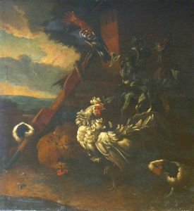 CASSANA GIOVANNI AGOSTINO (attribuito) 1658-1720 - Natura viva con pappagallo  galline e criceti