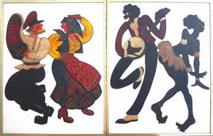 VELLAN FELICE Torino 1889 - 1976 - Coppia di pannelli figurativi raffiguranti il jazz e la  balalaika anni '940