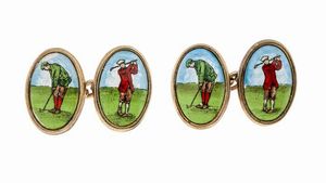 COPPIA DI GEMELLI - Peso gr 17 9 in argento dorato  punzoni inglesi  di forma ovale decorati con giocatori di golf in smalti policromi  [..]