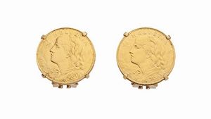 COPPIA DI ORECCHINI - Peso gr 10 2 in oro giallo  a  clip  con due monete da 10 Franchi svizzeri