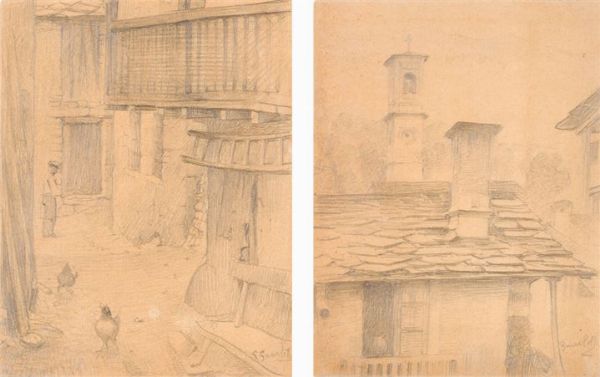 GUARLOTTI GIOVANNI Galliate (NO) 1869 - 1954 Torino : L'aia Tetti con campanile  - Asta Asta 149 Dipinti sculture e grafica - Associazione Nazionale - Case d'Asta italiane