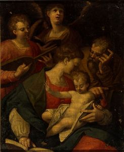 PITTORE ANONIMO - Sacra Famiglia con angeli musicanti e cantanti XVI secolo