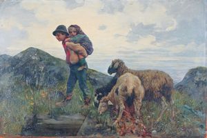 GRASSI SERAFINO Torino 1863 - 1904 - Bimbi in montagna con le loro pecore 1896