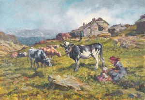 MARISALDI FALCO ELENA Santo Stefano Belbo (CN) 1901 - 1986 Torino - Bimbe con le vacche al pascolo in alta montagna