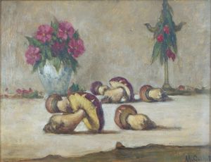 GACHET MARIO Torino 1879 - 1981 - Natura morta con fiori e funghi