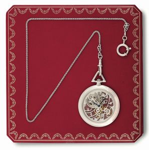 CARTIER - CARTIER, No. 4. Orologio da tasca, in platino, scheletrato con catena in oro bianco. Accompagnato dalla scatola originale.