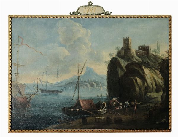Veduta costiera con castello Veduta costiera con Vesuvio sullo sfondo Paesaggio con armenti  - Asta Fine Art Selection - Associazione Nazionale - Case d'Asta italiane