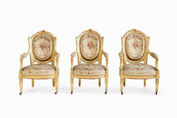 Salotto in stile Luigi XVI in legno intagliato e dorato, XIX secolo  - Asta Fine Art Selection - Associazione Nazionale - Case d'Asta italiane