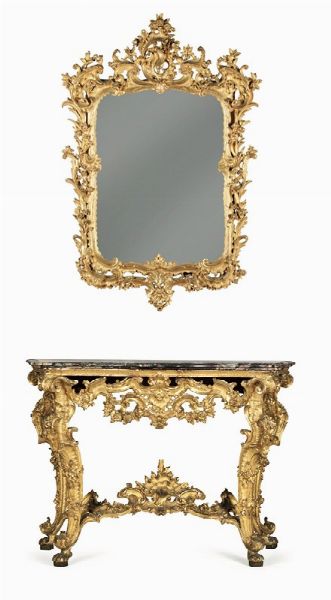 Console in stile Luigi XV con specchiera in legno intagliato e dorato, XIX secolo  - Asta Fine Art Selection - Associazione Nazionale - Case d'Asta italiane